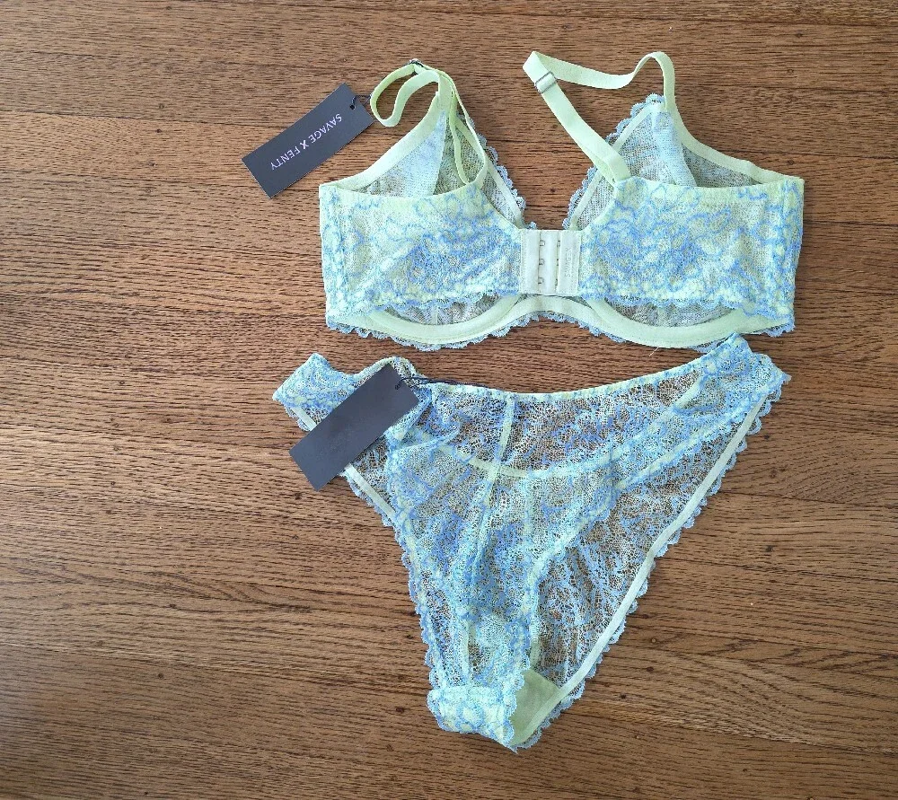 💙SET Savage X Fenty Pastel Yellow and Light Blue Lace Bralette & Bikini